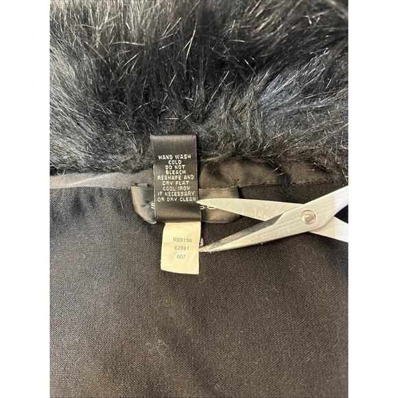 Black Faux Fur Trim Silk Blend Cardigan XL Y2K Mob Wife Witchy Goth Spense - Picture 9 of 16